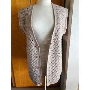 Handmade Crochet Cardigan Vest Tan Oatmeal Knit Button Front Boho Sleeveless L